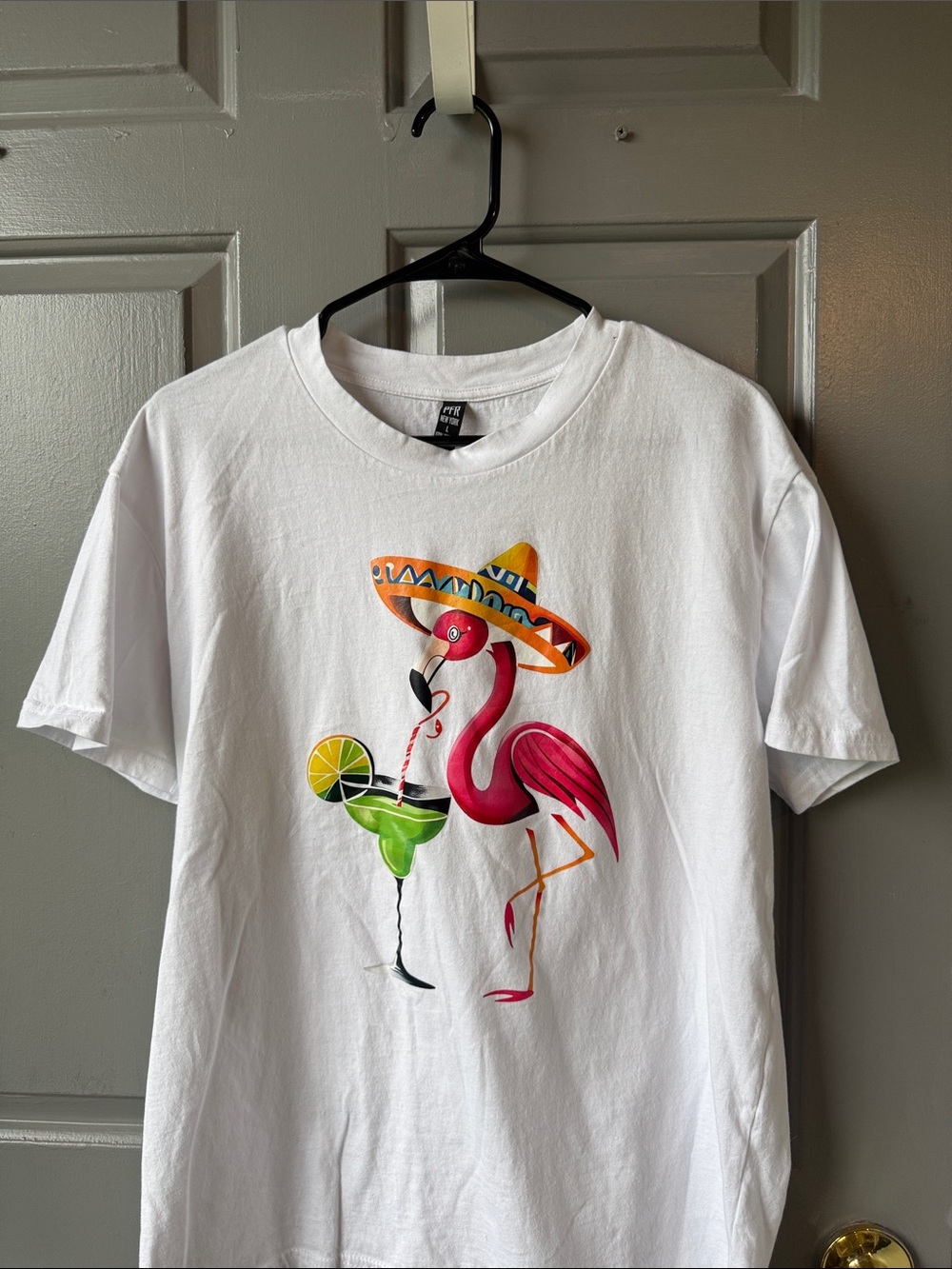 White Graphic Flamingo Tee with Sombrero - Casual Women's Short Sleeve
